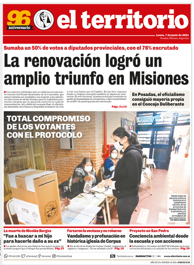 Tapa del diario El Territorio 07/06/2021
