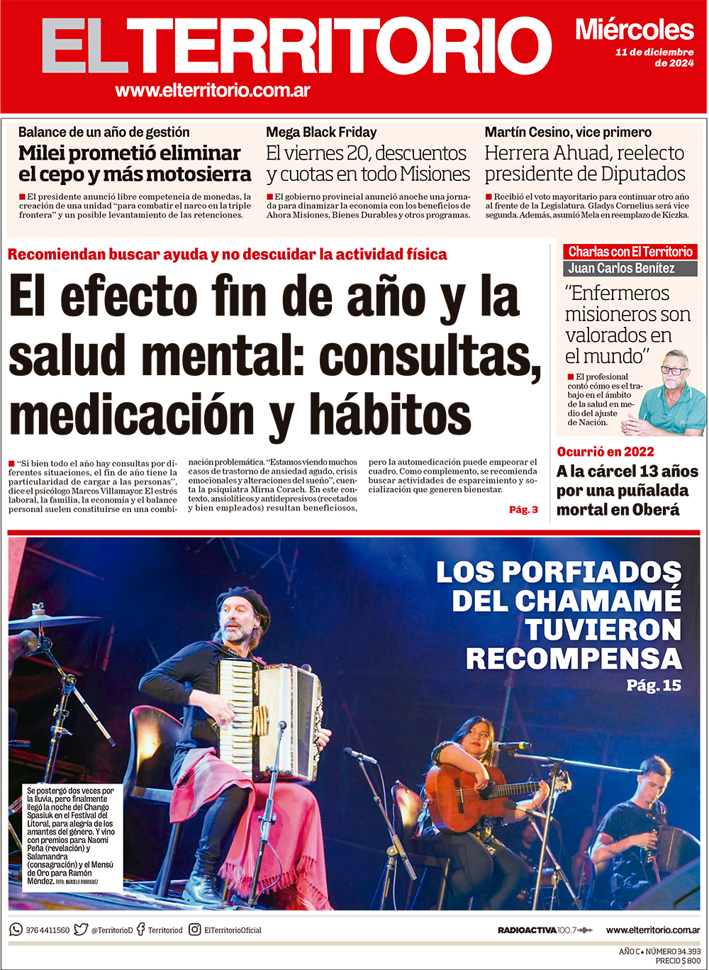 Tapa del diario El Territorio 11/12/2024