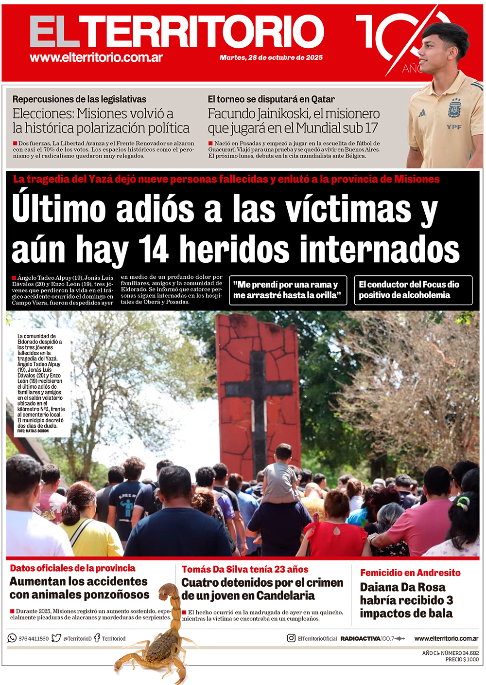 Tapa del diario El Territorio 28/10/2025