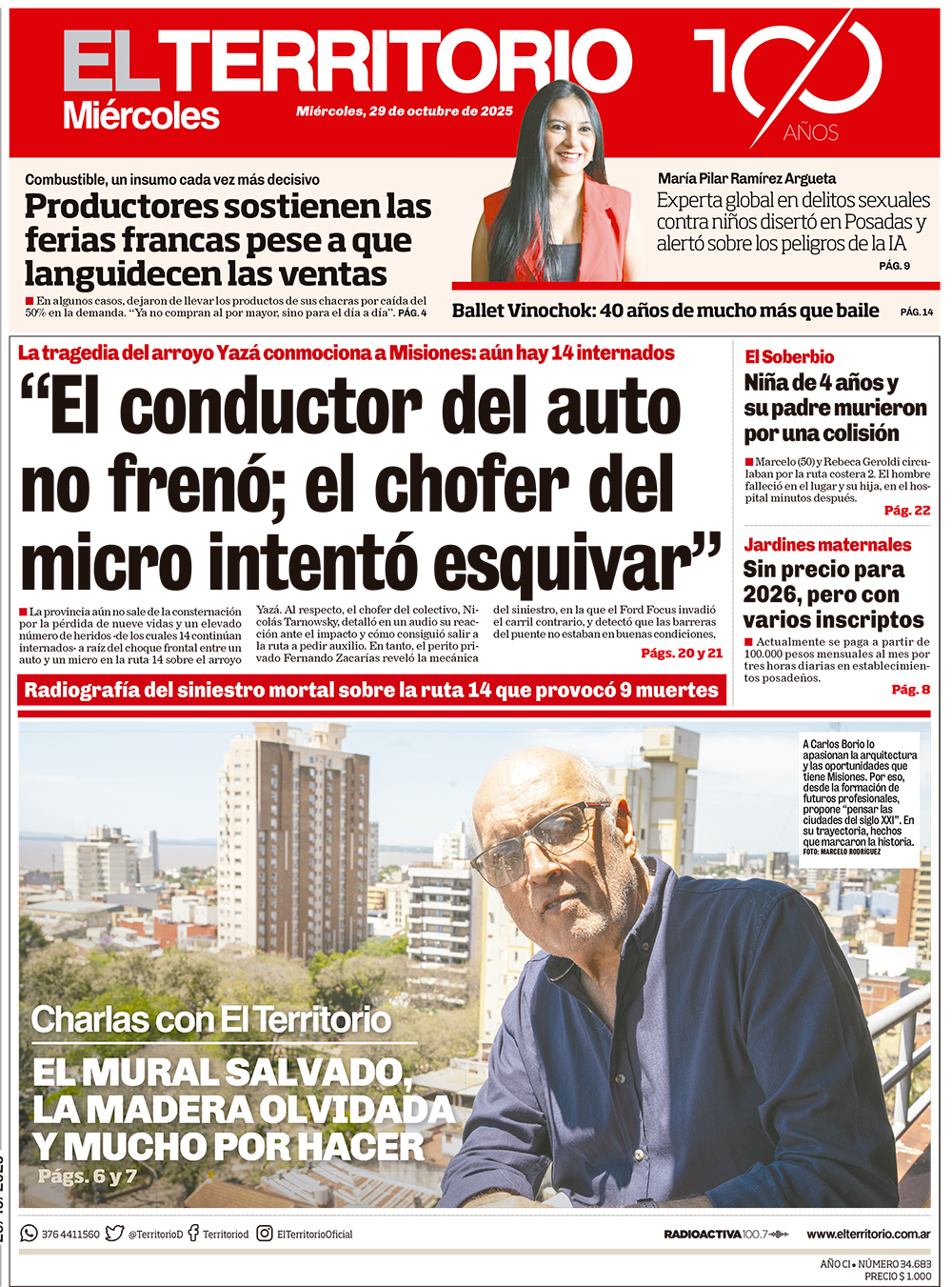 Tapa del diario El Territorio 29/10/2025