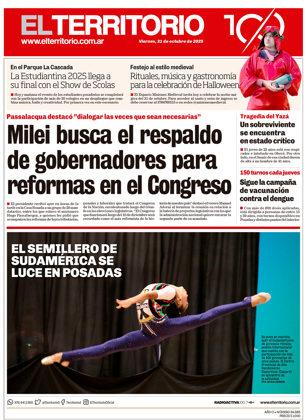 Tapa del diario El Territorio 31/10/2025
