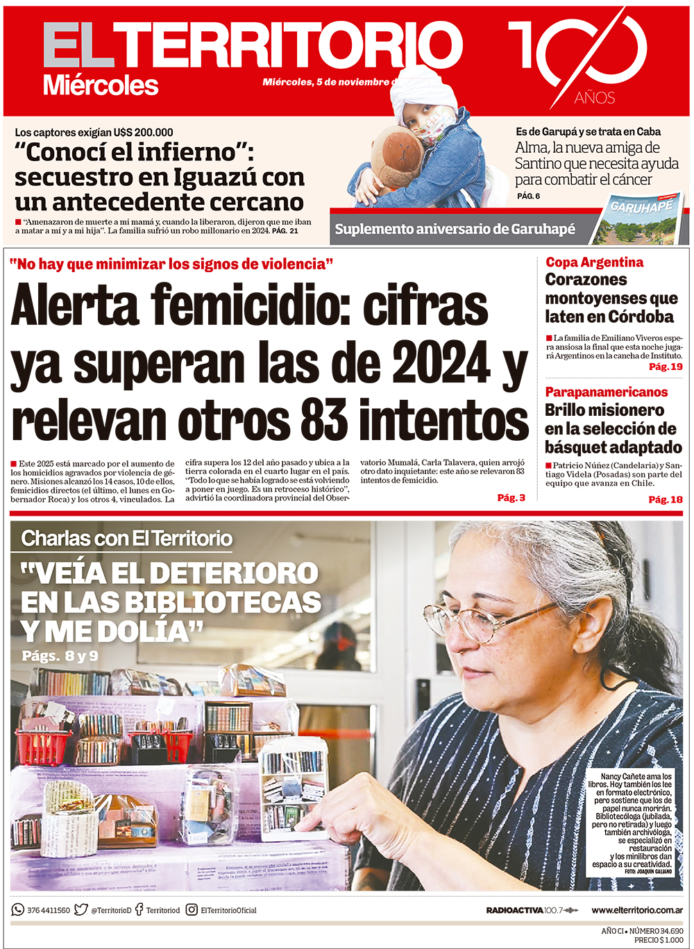 Tapa del diario El Territorio 05/11/2025
