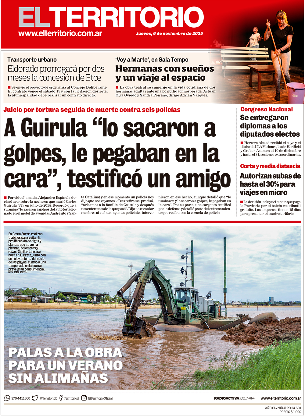 Tapa del diario El Territorio 06/11/2025