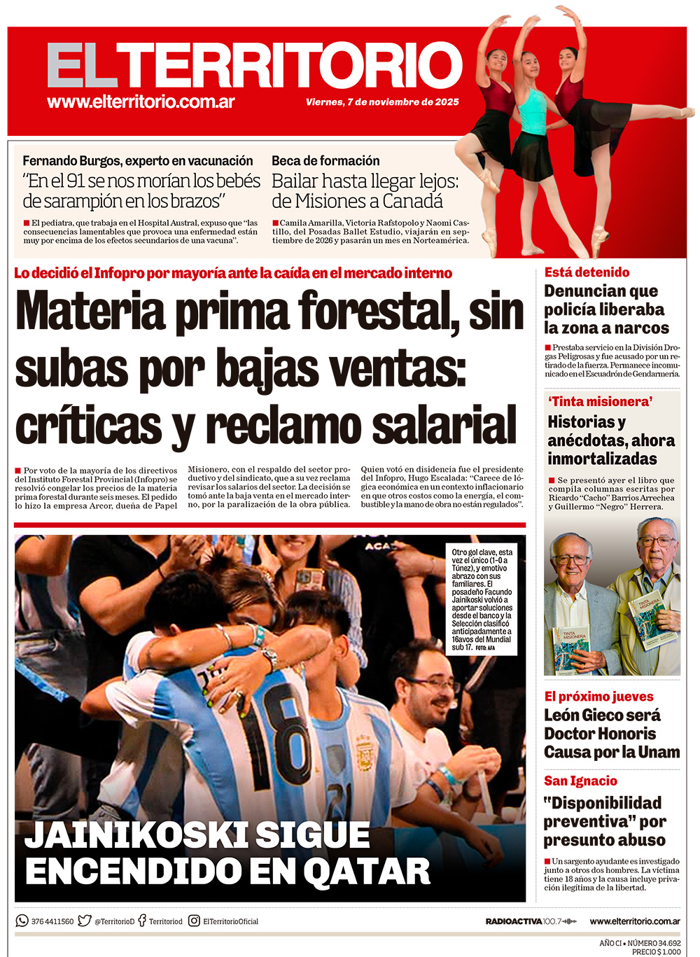 Tapa del diario El Territorio 07/11/2025