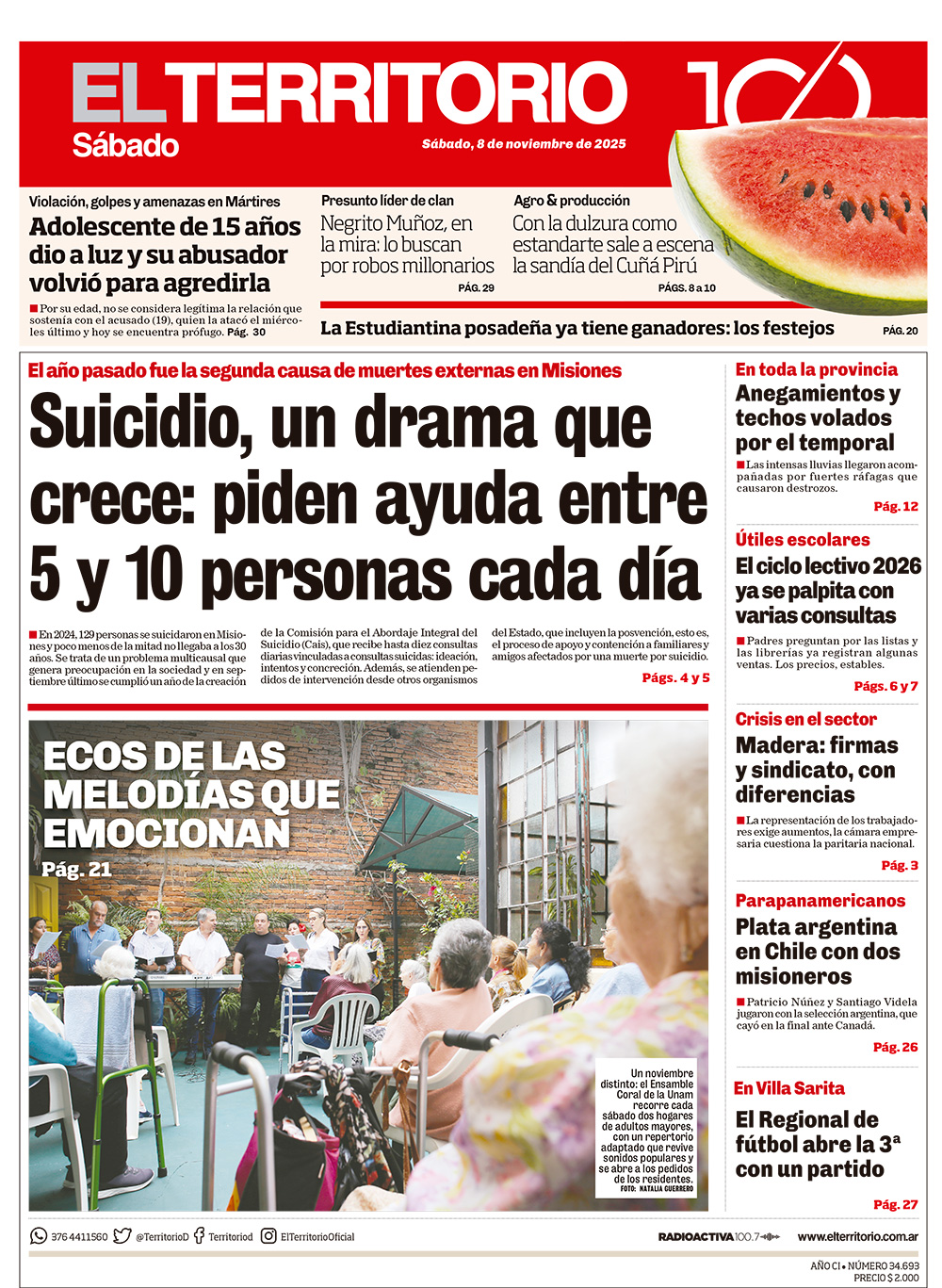 Tapa del diario El Territorio 08/11/2025
