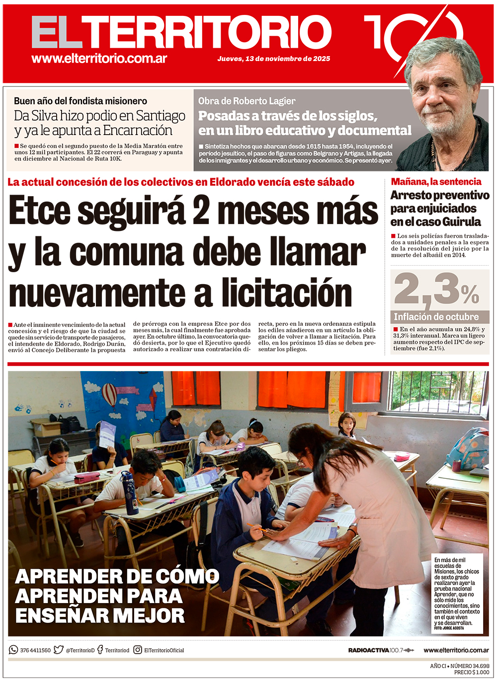 Tapa del diario El Territorio 13/11/2025