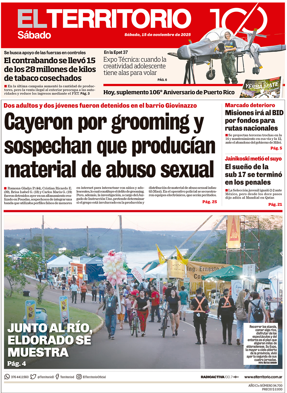 Tapa del diario El Territorio 15/11/2025