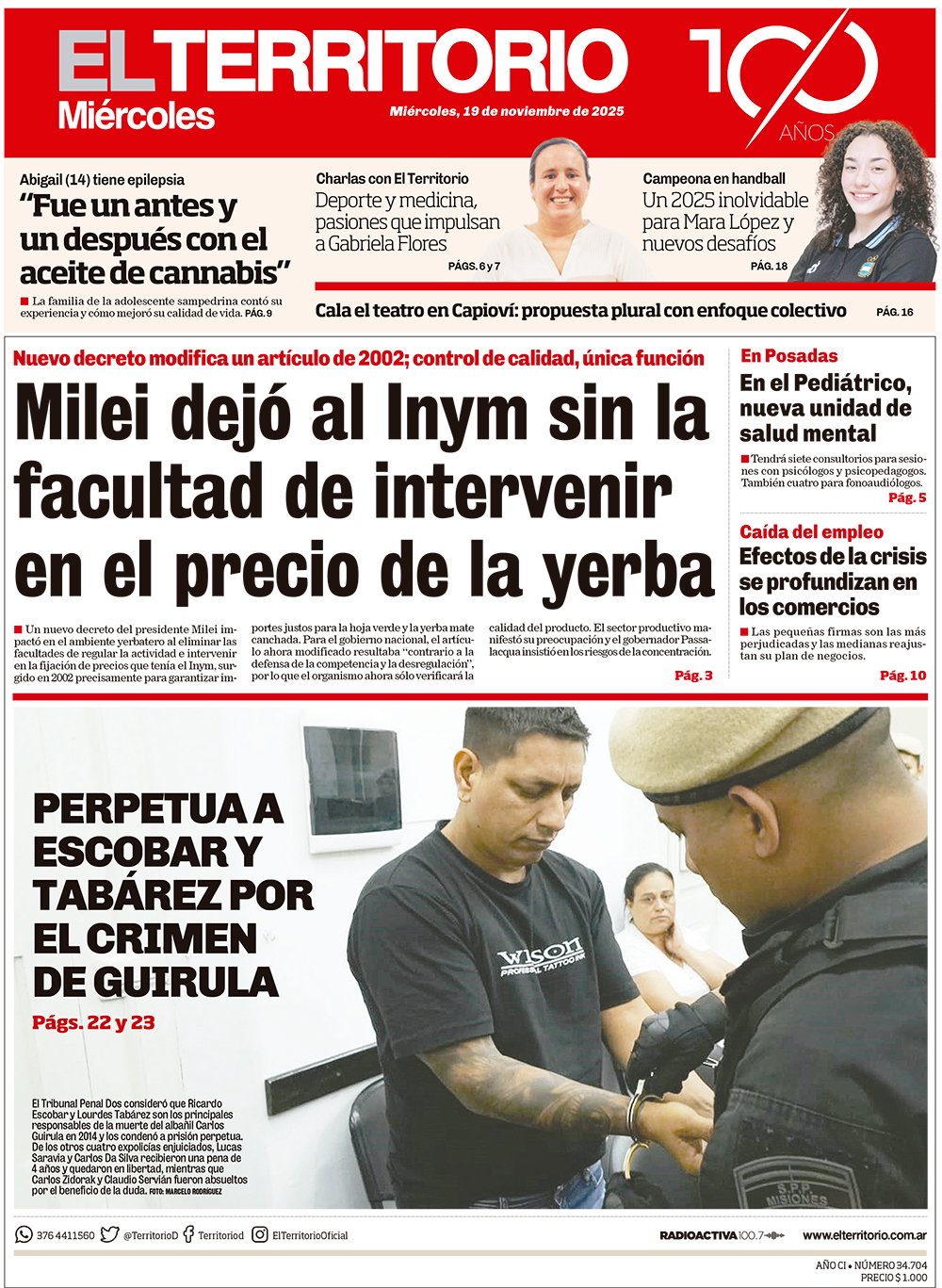 Tapa del diario El Territorio 19/11/2025