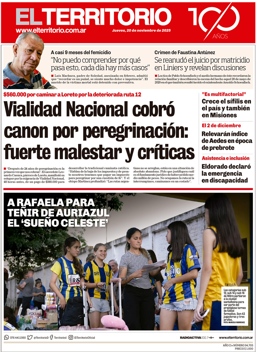 Tapa del diario El Territorio 20/11/2025
