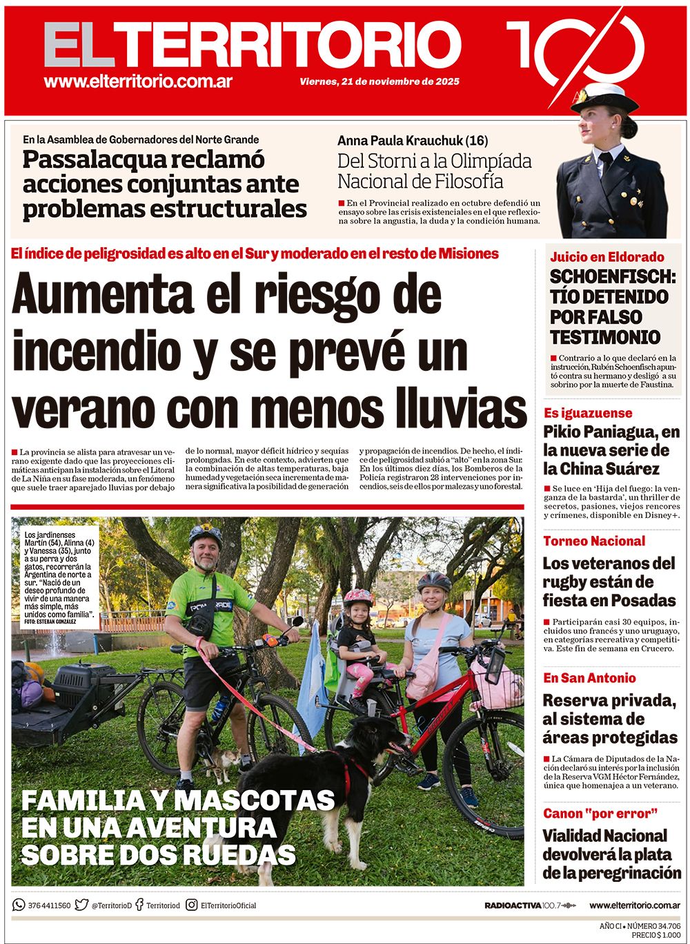 Tapa del diario El Territorio 21/11/2025