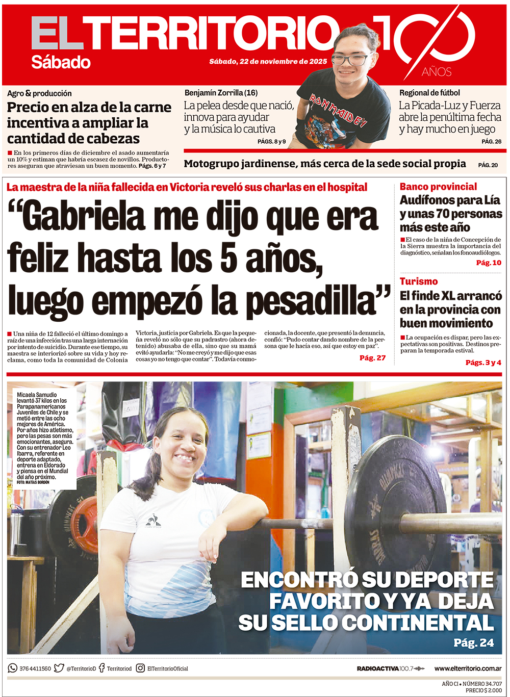 Tapa del diario El Territorio 22/11/2025