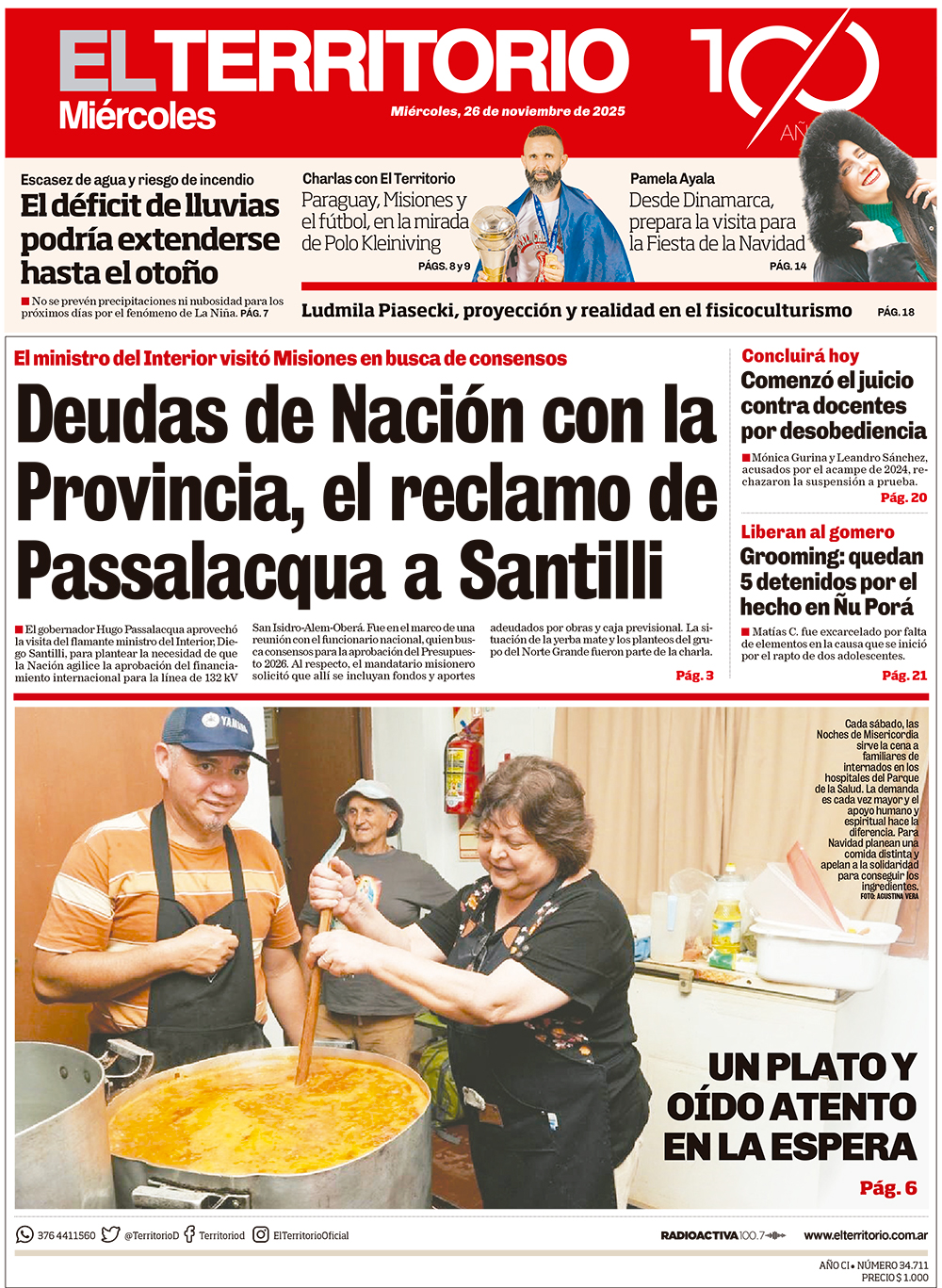 Tapa del diario El Territorio 26/11/2025