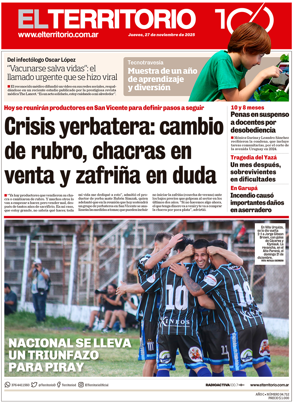 Tapa del diario El Territorio 27/11/2025