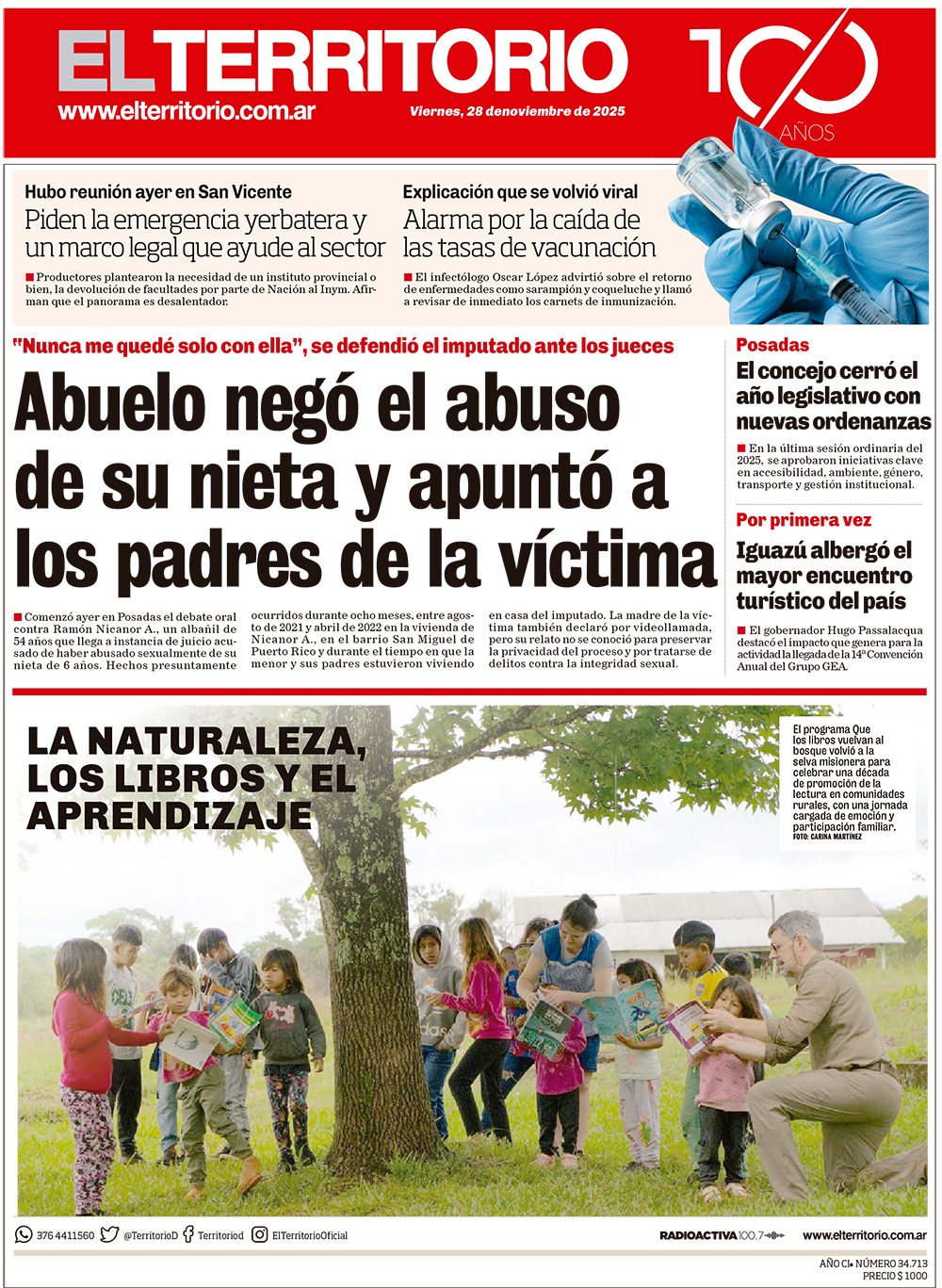 Tapa del diario El Territorio 28/11/2025