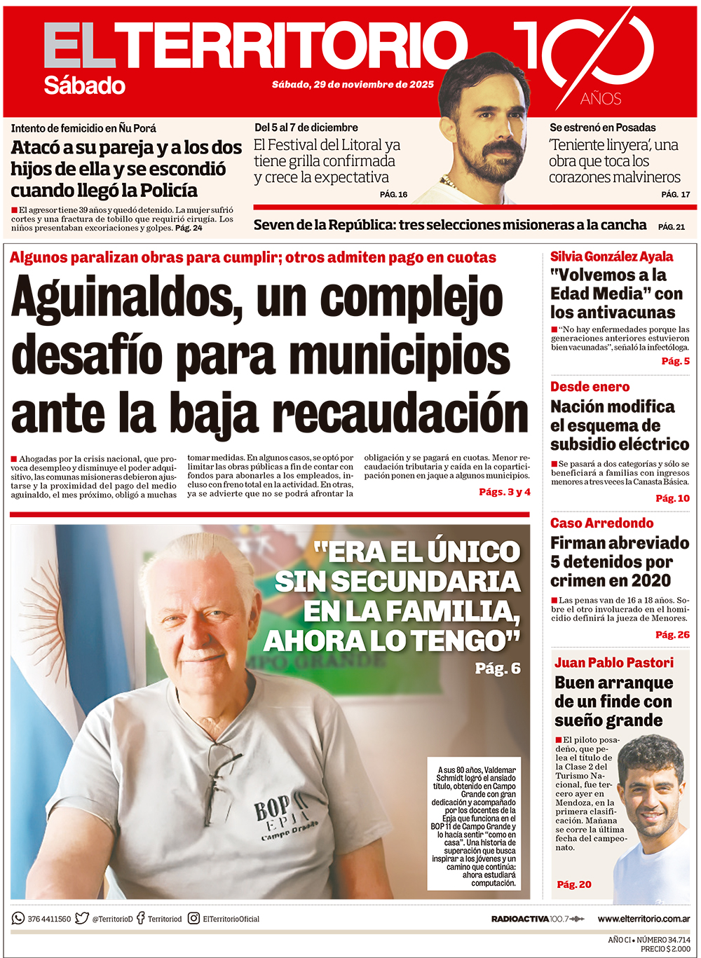 Tapa del diario El Territorio 29/11/2025