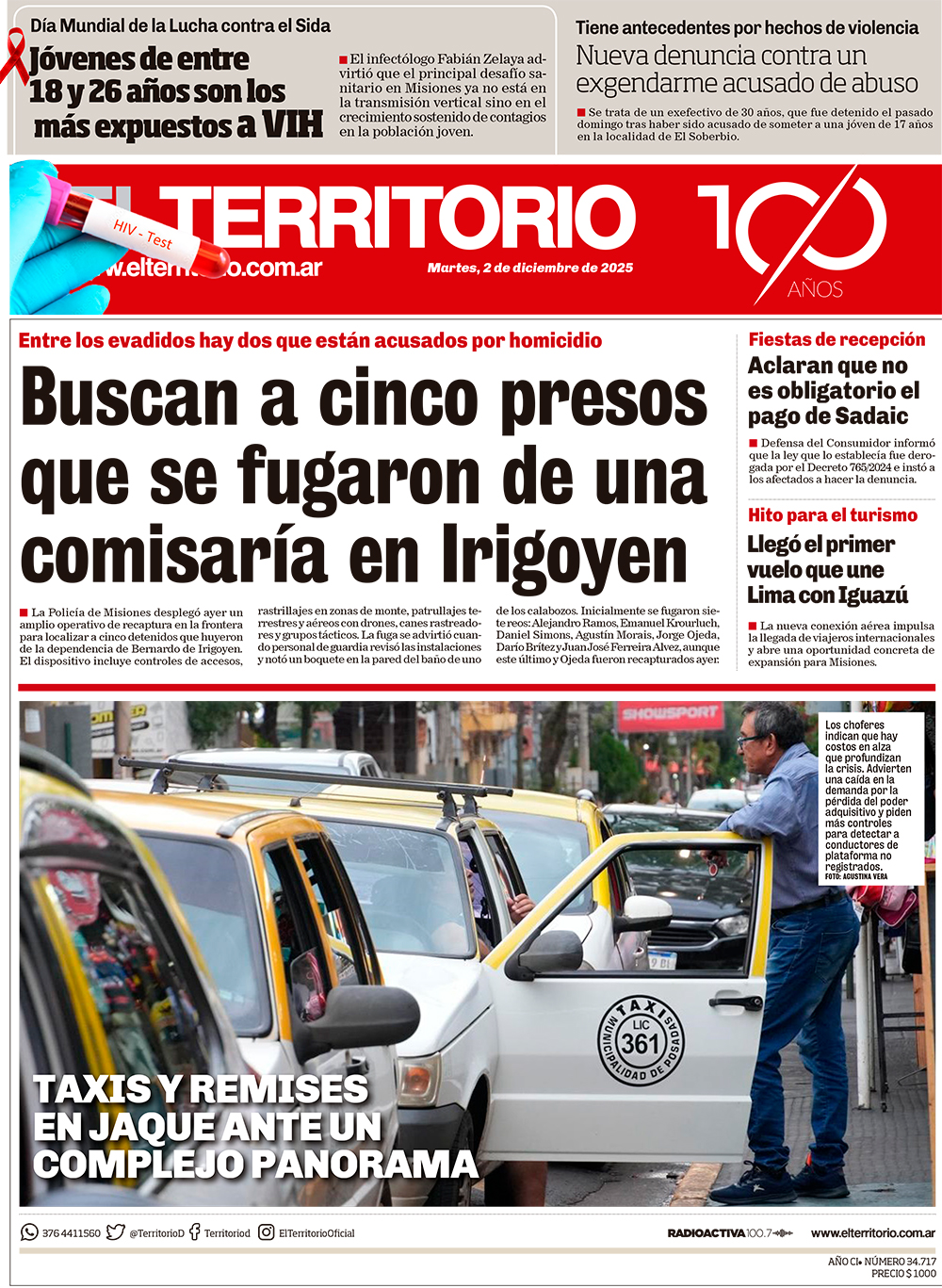 Tapa del diario El Territorio 02/12/2025