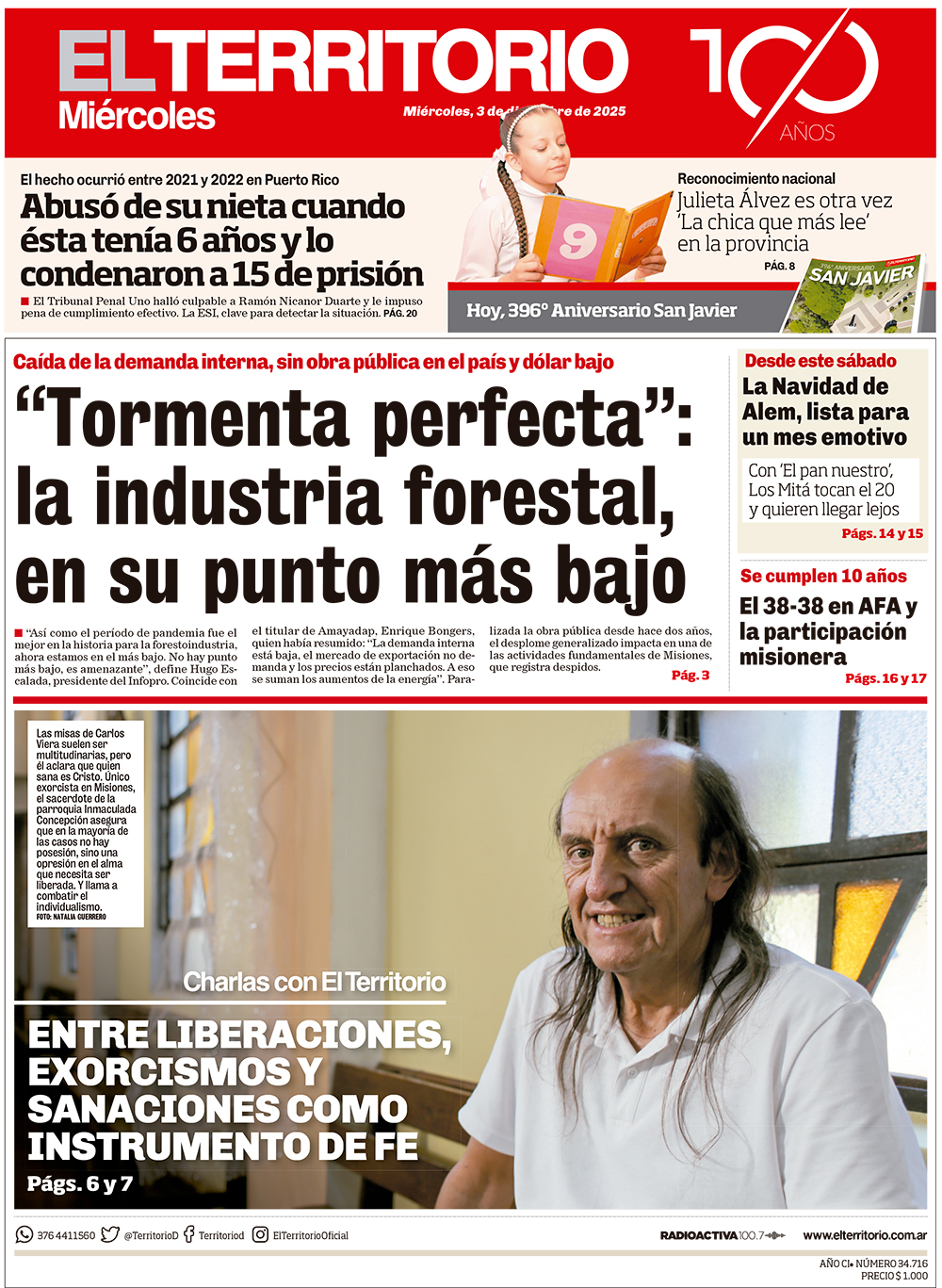 Tapa del diario El Territorio 03/12/2025