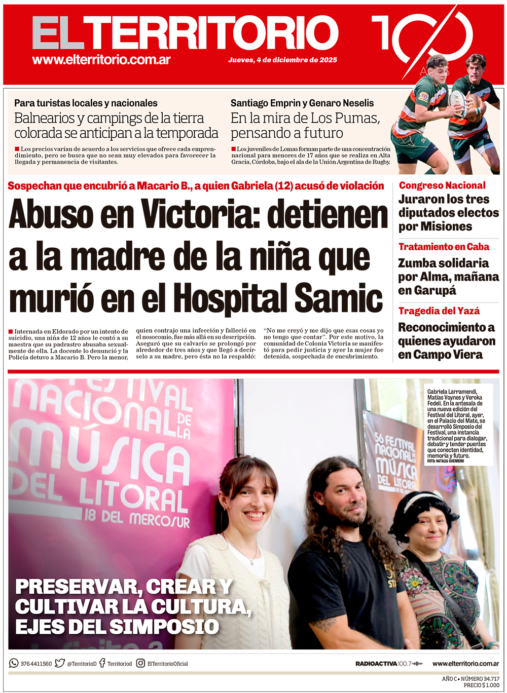 Tapa del diario El Territorio 04/12/2025