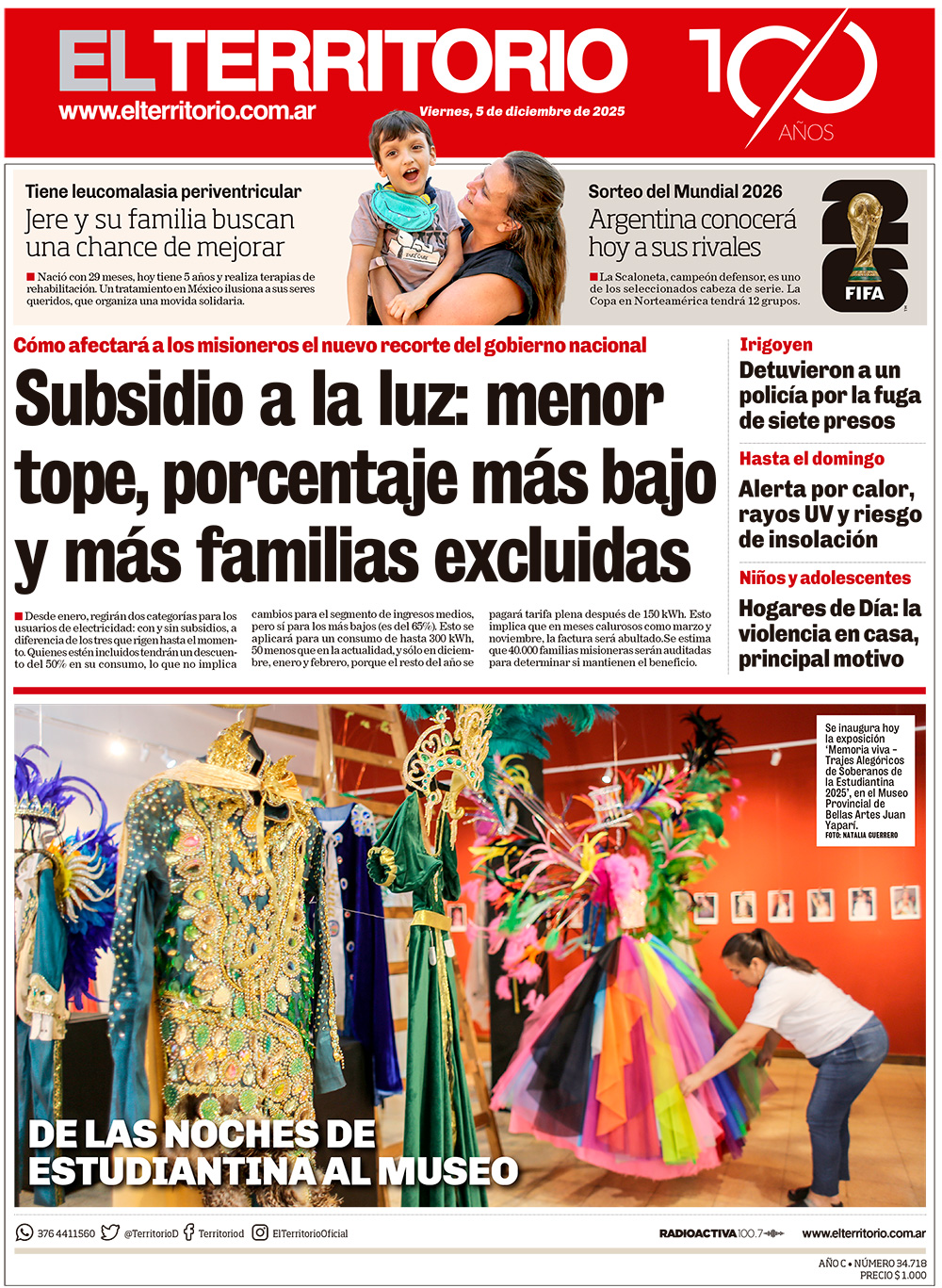 Tapa del diario El Territorio 05/12/2025