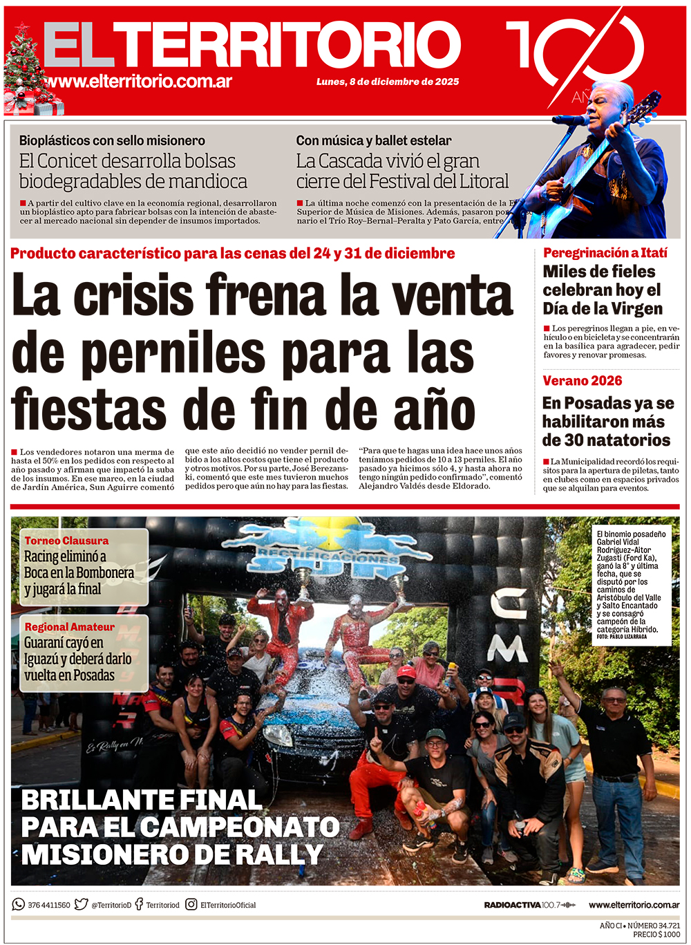 Tapa del diario El Territorio 08/12/2025