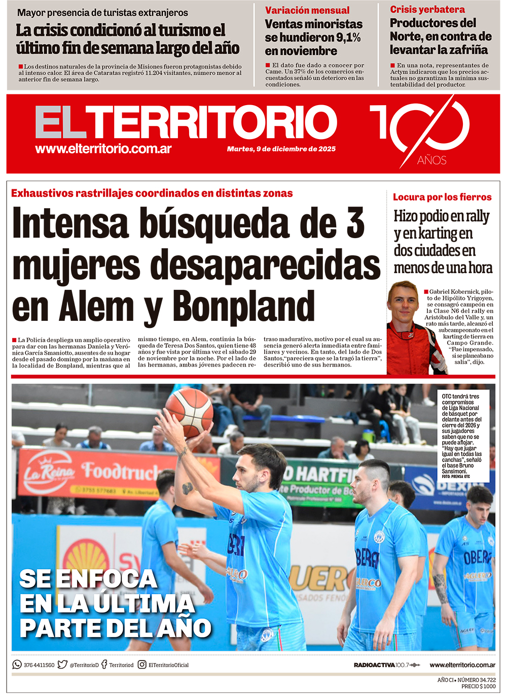 Tapa del diario El Territorio 09/12/2025