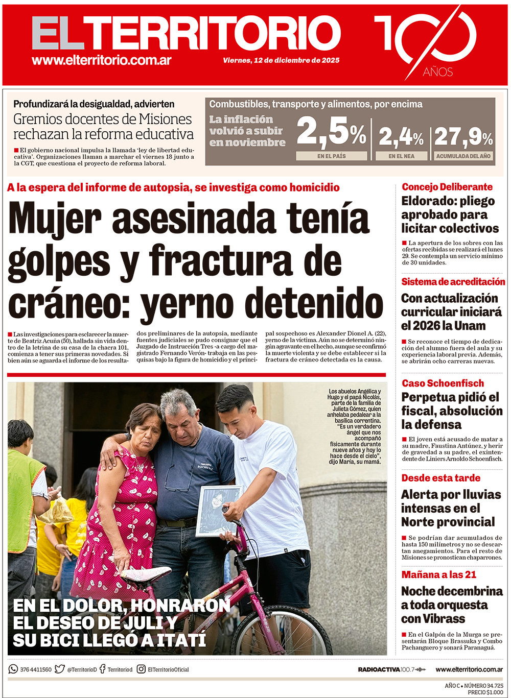 Tapa del diario El Territorio 12/12/2025