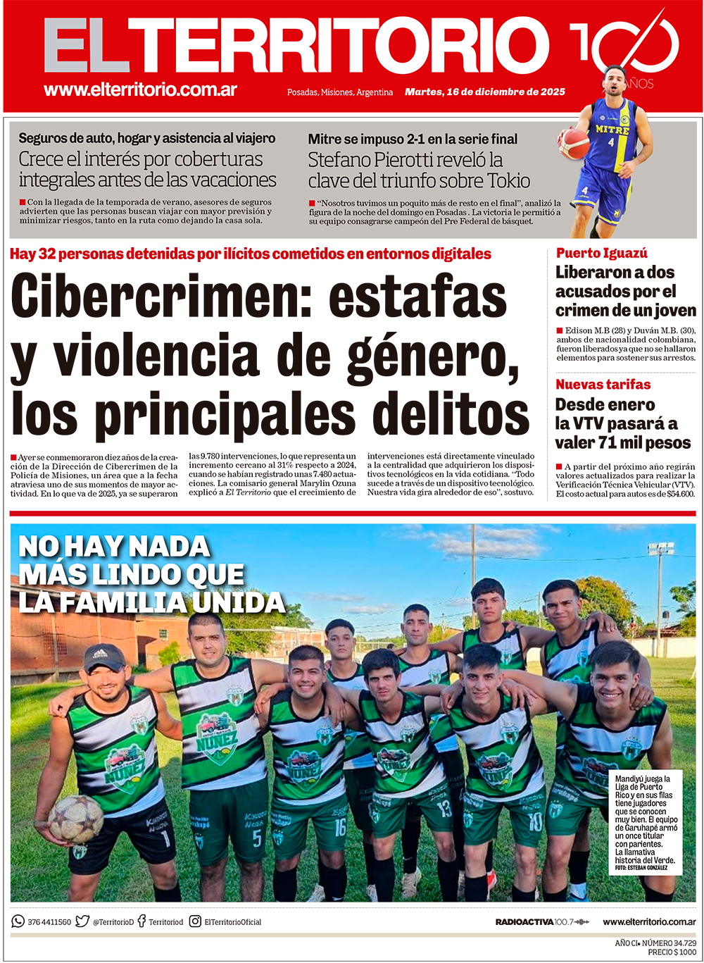 Tapa del diario El Territorio 16/12/2025
