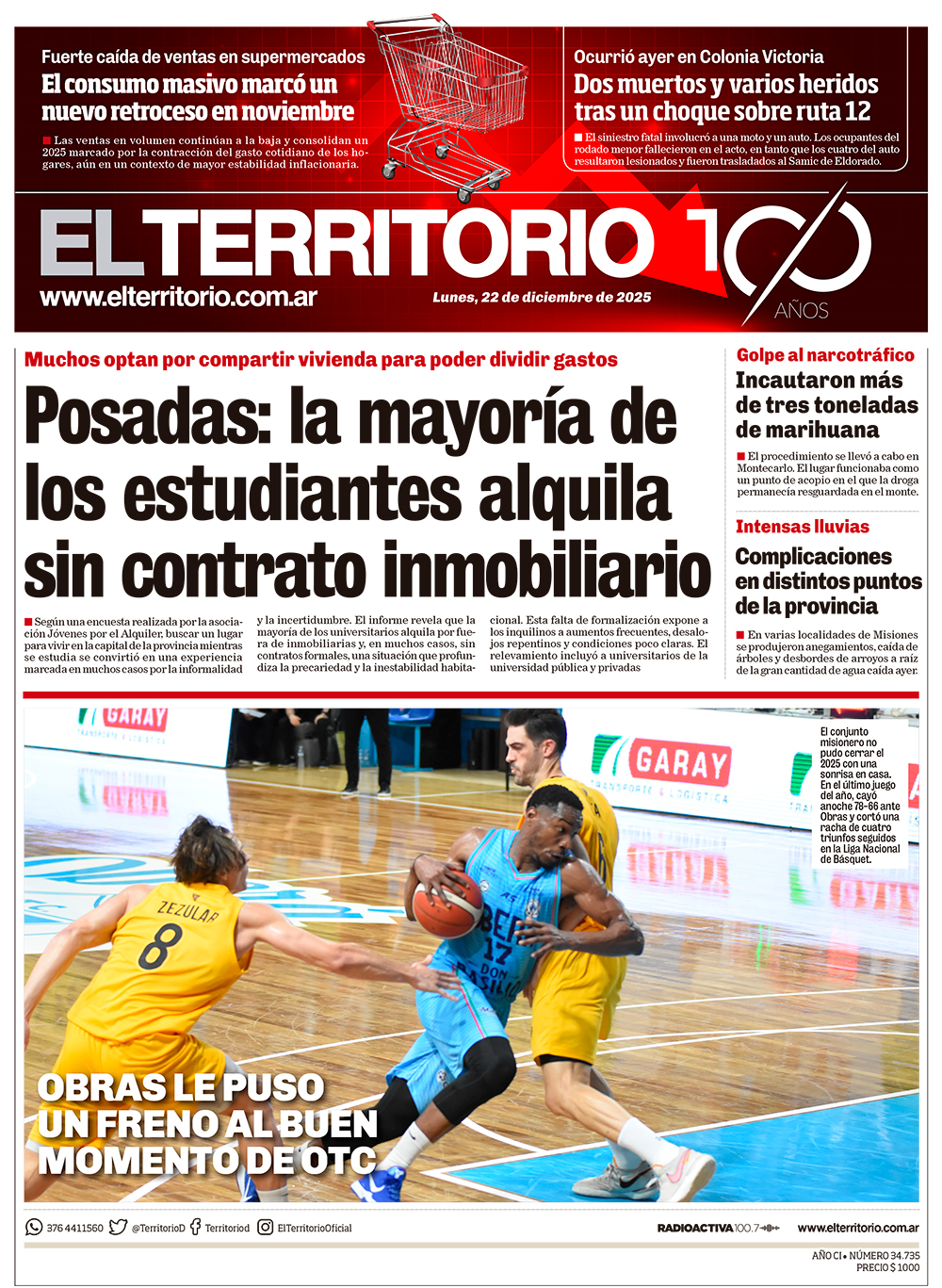 Tapa del diario El Territorio 22/12/2025