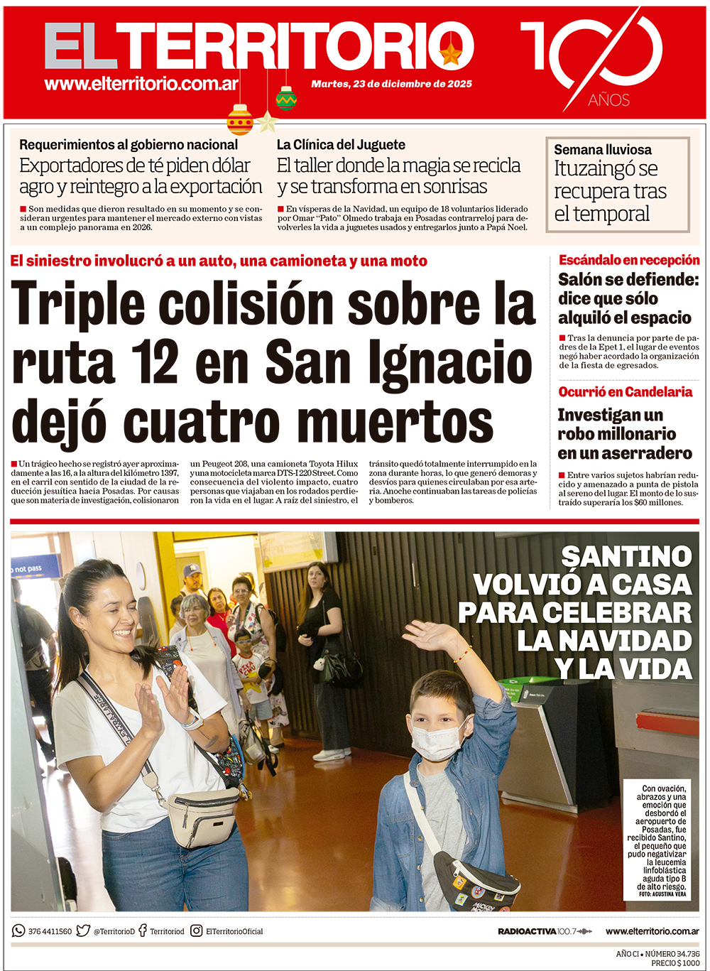 Tapa del diario El Territorio 23/12/2025