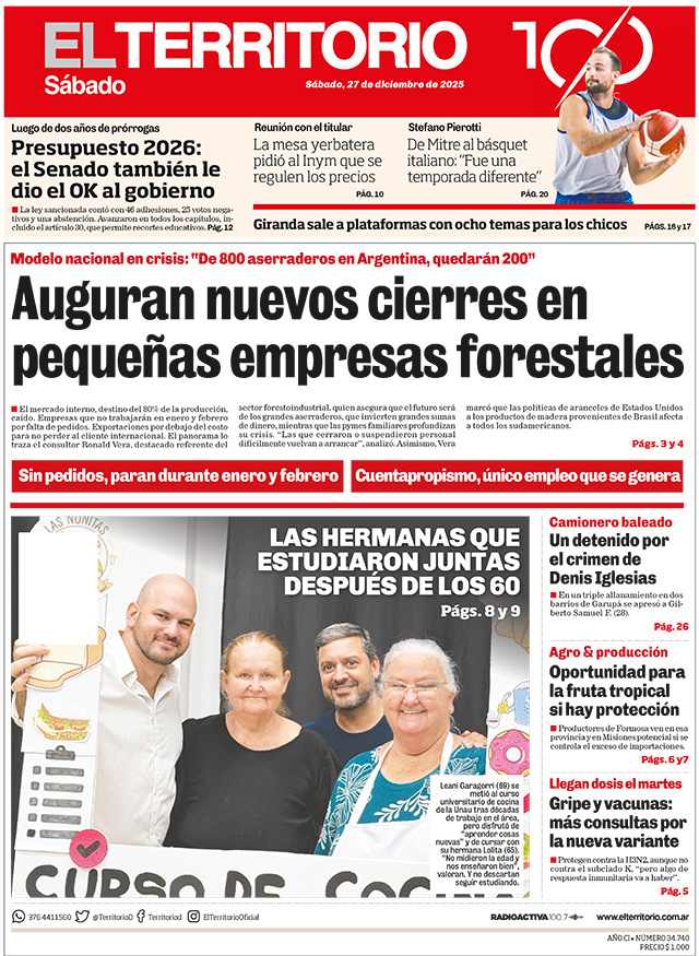 Tapa del diario El Territorio 27/12/2025