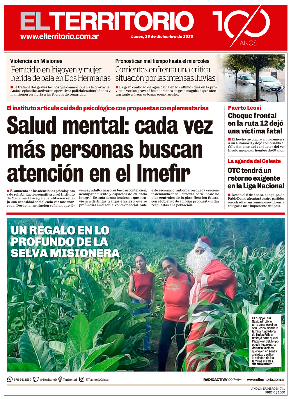 Tapa del diario El Territorio 29/12/2025