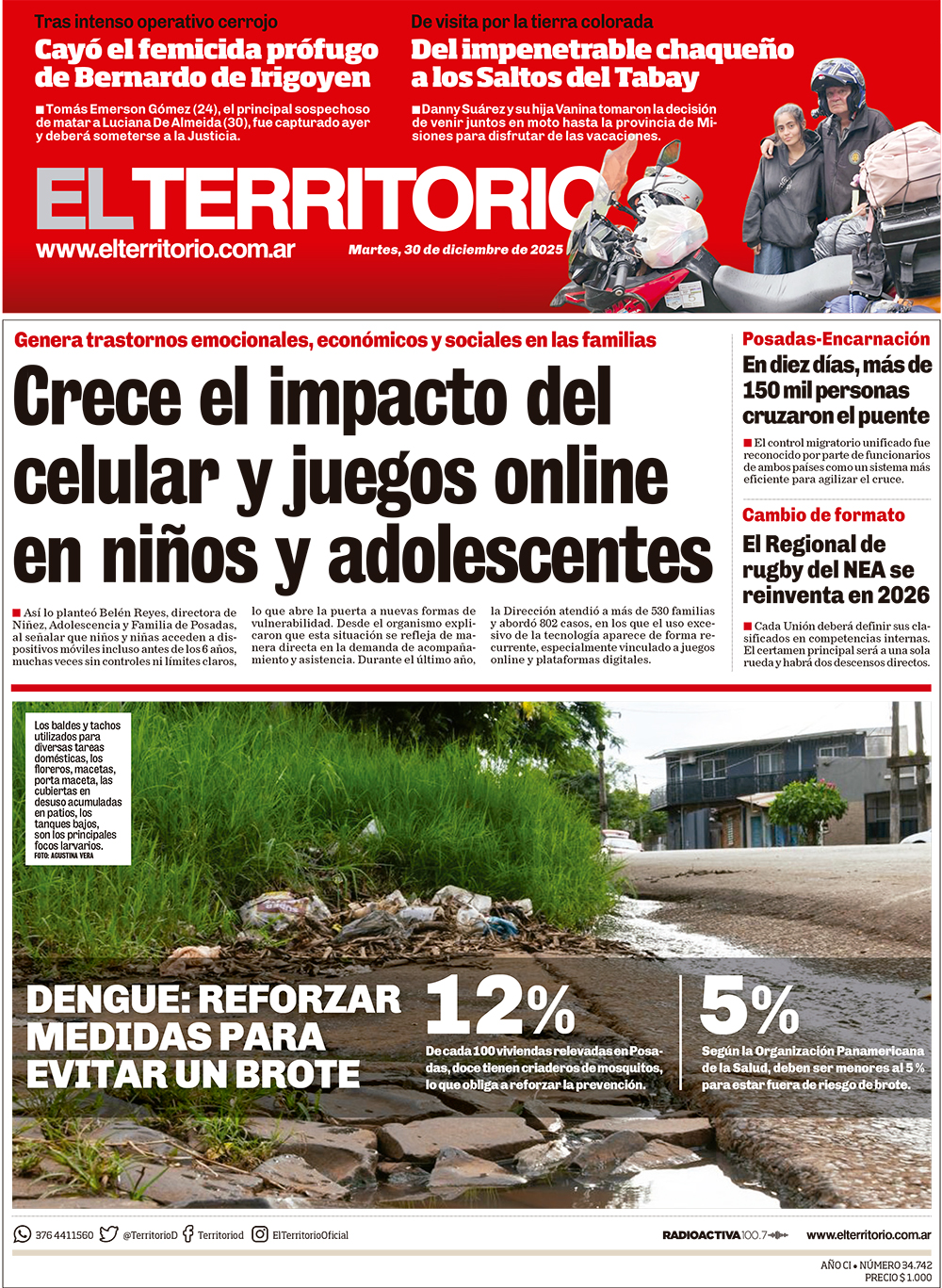 Tapa del diario El Territorio 30/12/2025