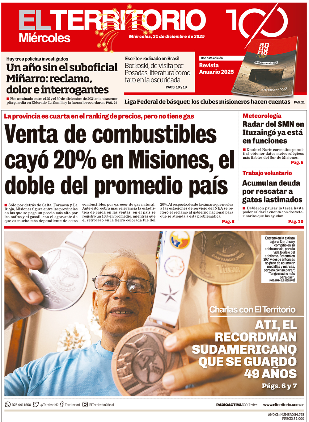Tapa del diario El Territorio 31/12/2025