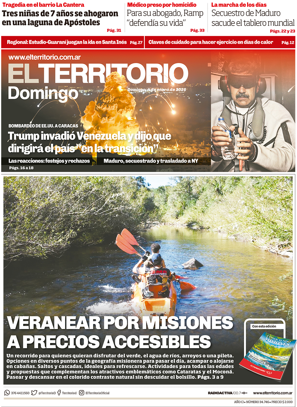 Tapa del diario El Territorio 04/01/2026