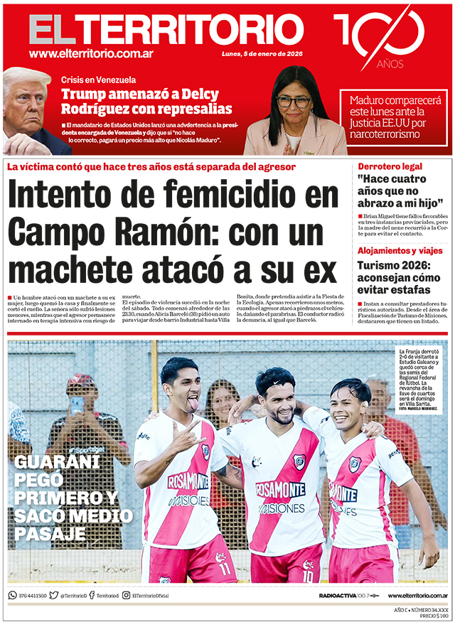 Tapa del diario El Territorio 05/01/2026