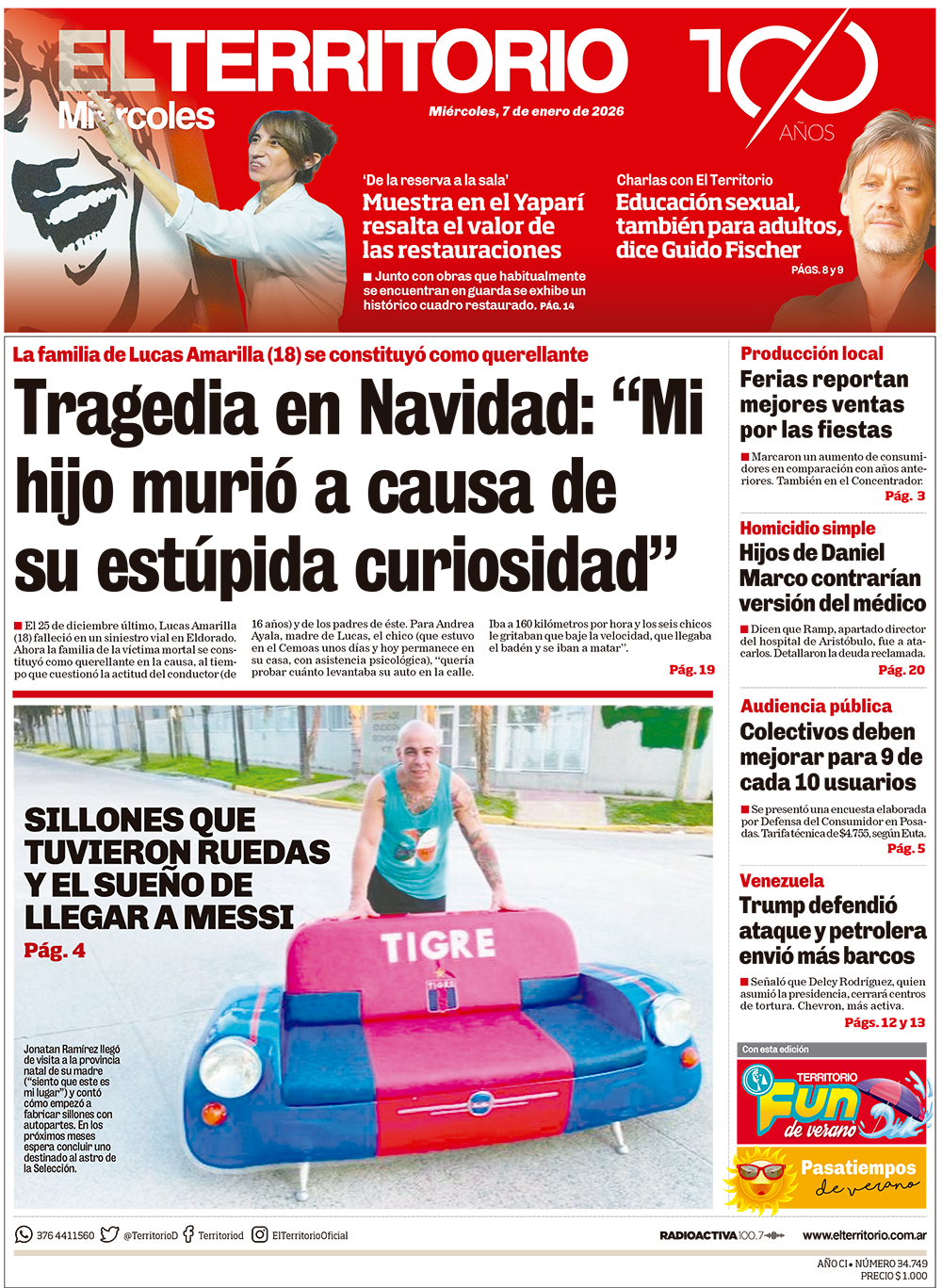 Tapa del diario El Territorio 07/01/2026