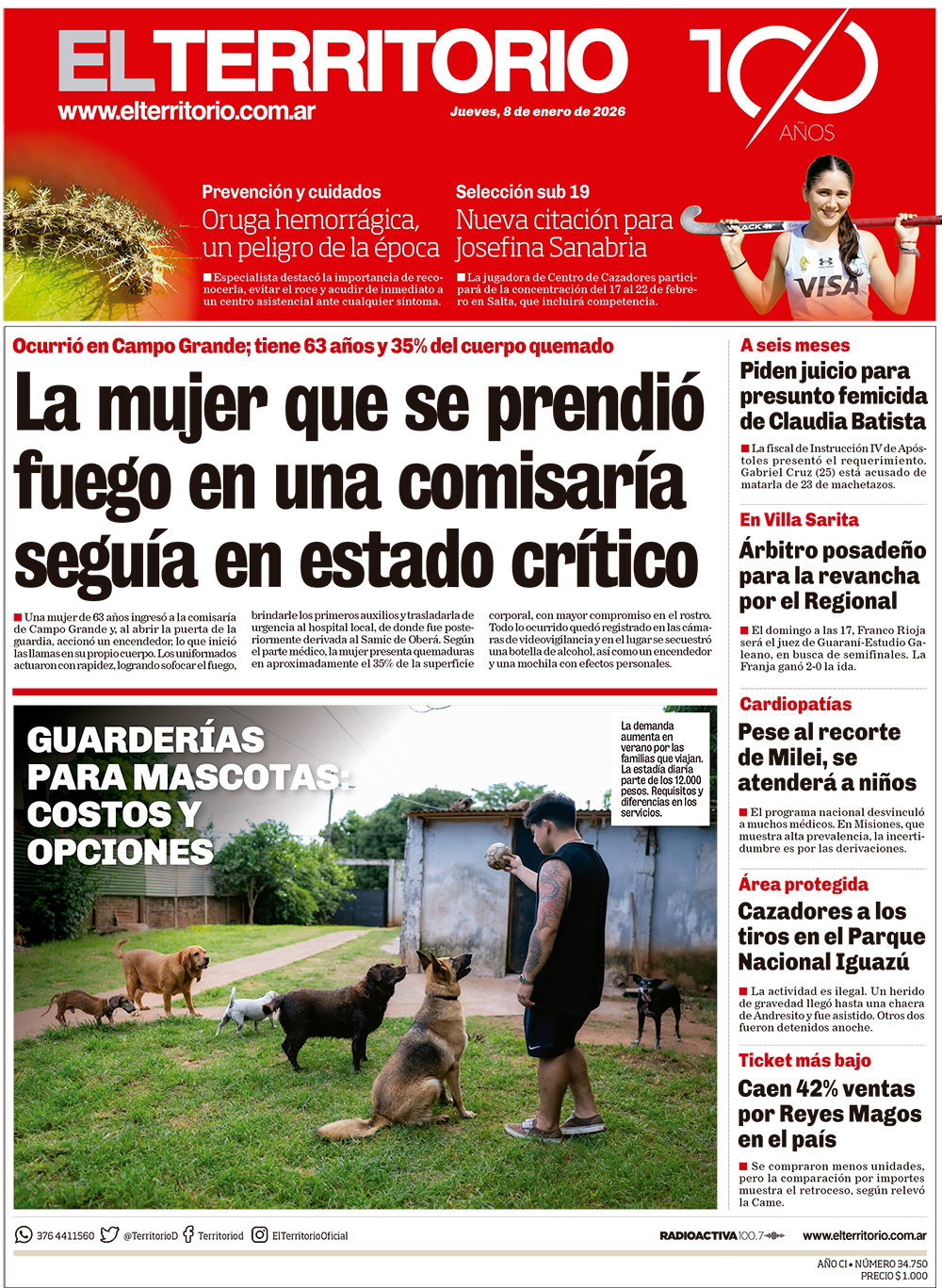 Tapa del diario El Territorio 08/01/2026