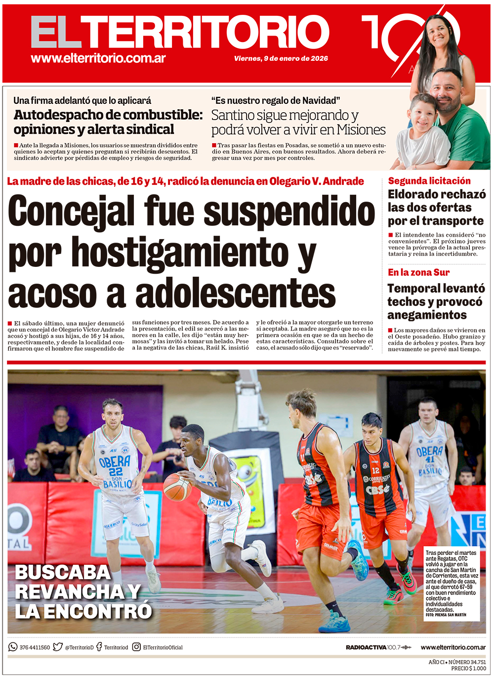 Tapa del diario El Territorio 09/01/2026