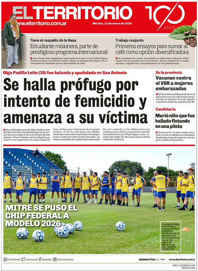Tapa del diario El Territorio 13/01/2026
