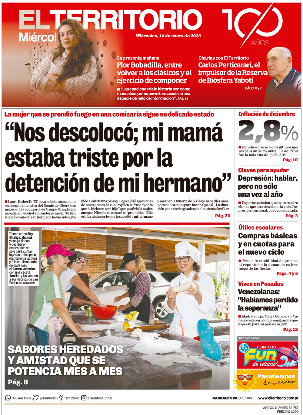 Tapa del diario El Territorio 14/01/2026