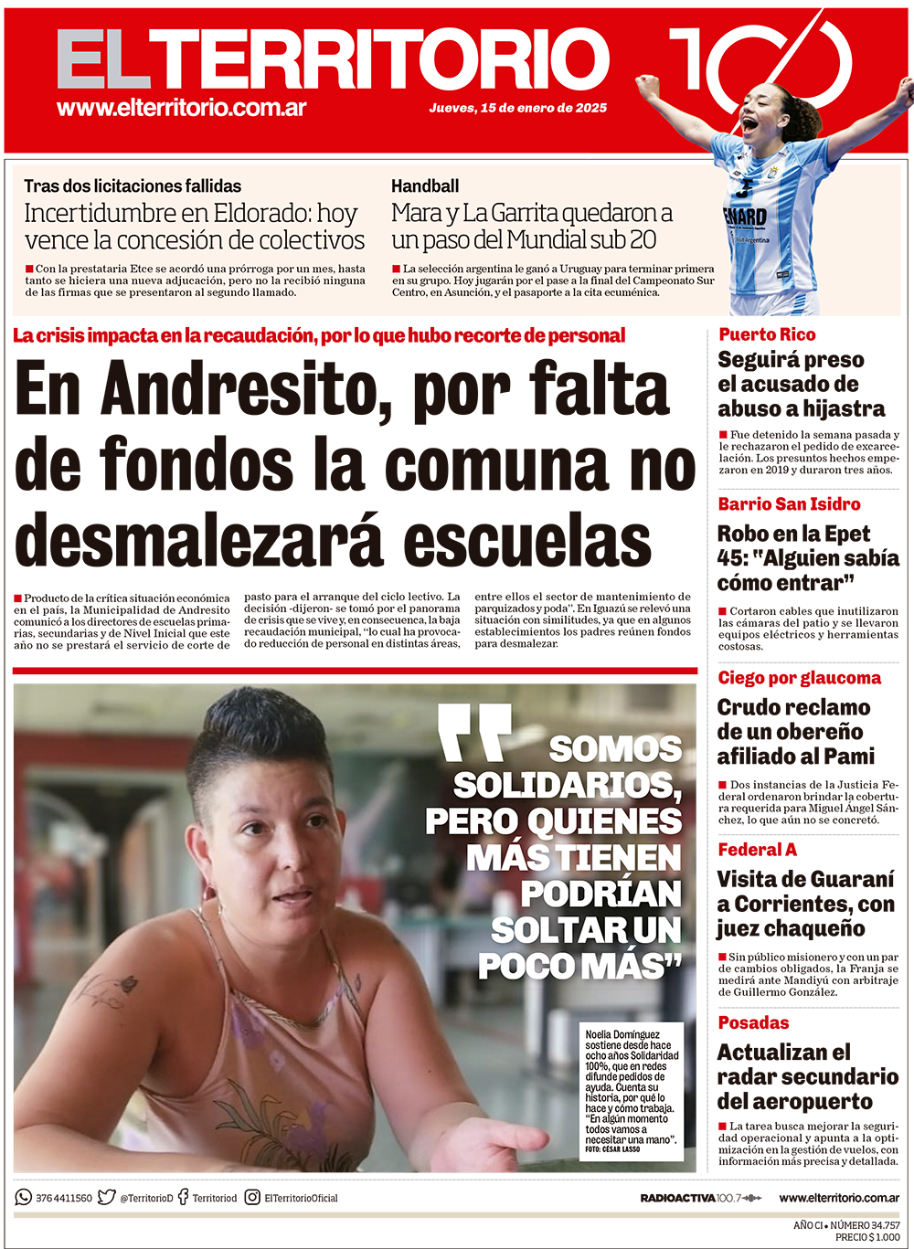Tapa del diario El Territorio 15/01/2026