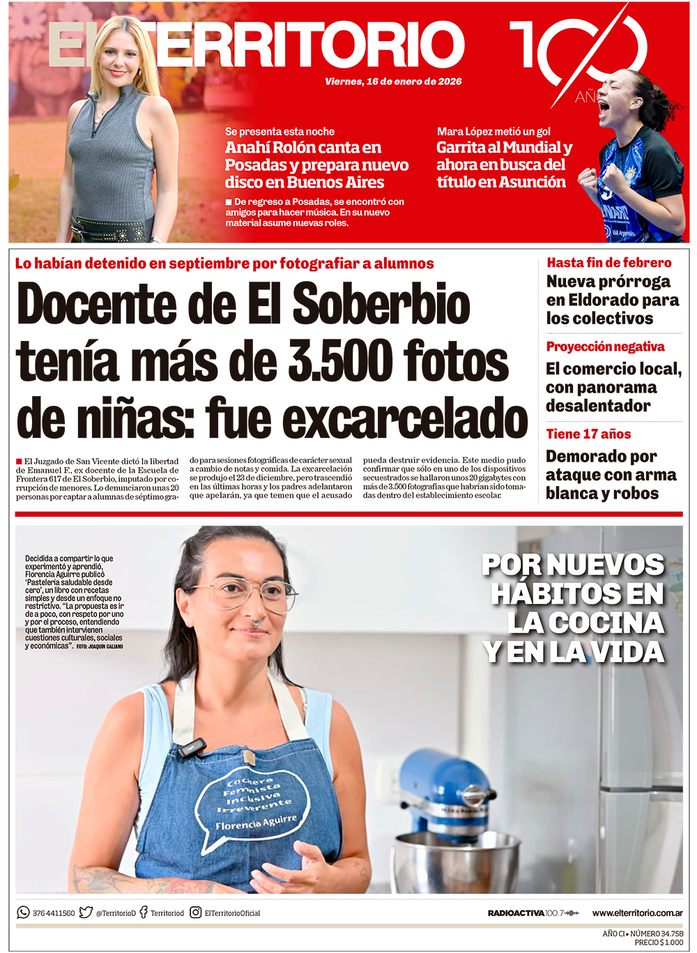 Tapa del diario El Territorio 16/01/2026