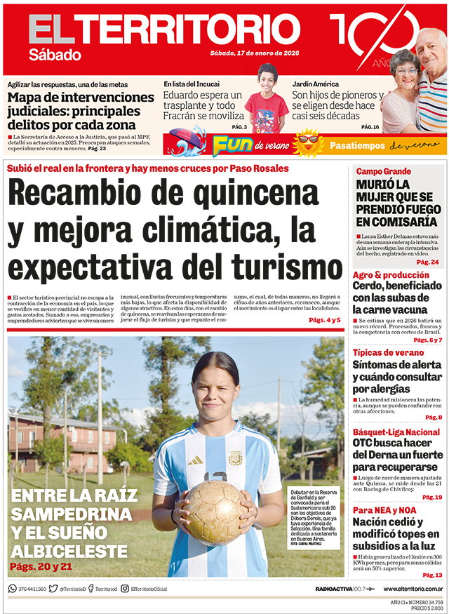 Tapa del diario El Territorio 17/01/2026