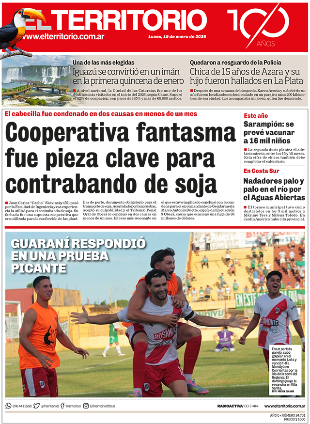 Tapa del diario El Territorio 19/01/2026