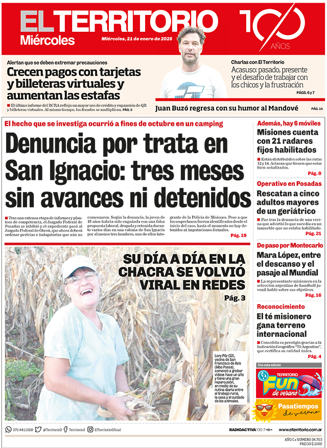 Tapa del diario El Territorio 21/01/2026