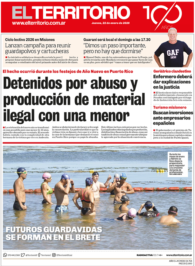 Tapa del diario El Territorio 22/01/2026