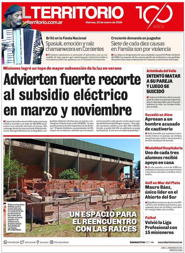 Tapa del diario El Territorio 23/01/2026