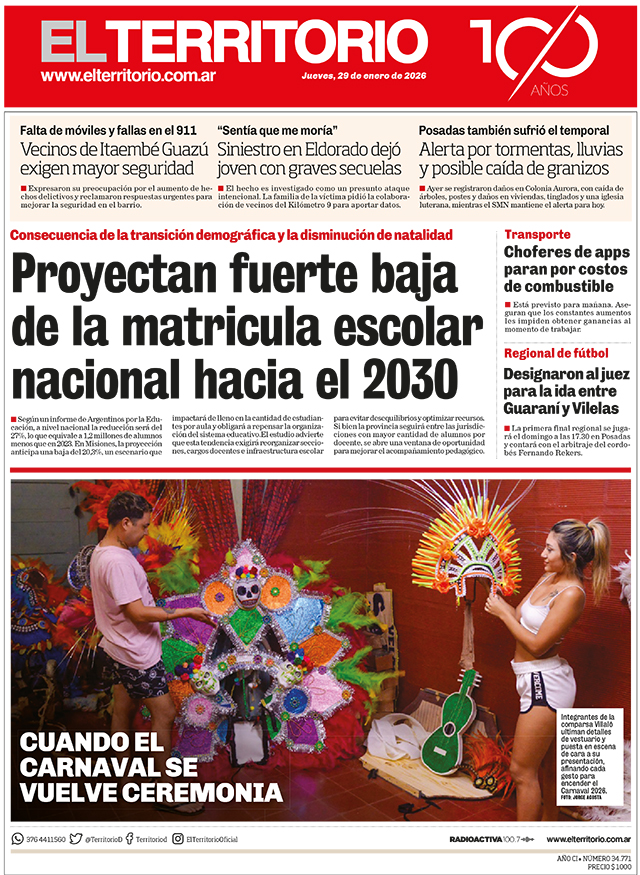 Tapa del diario El Territorio 29/01/2026