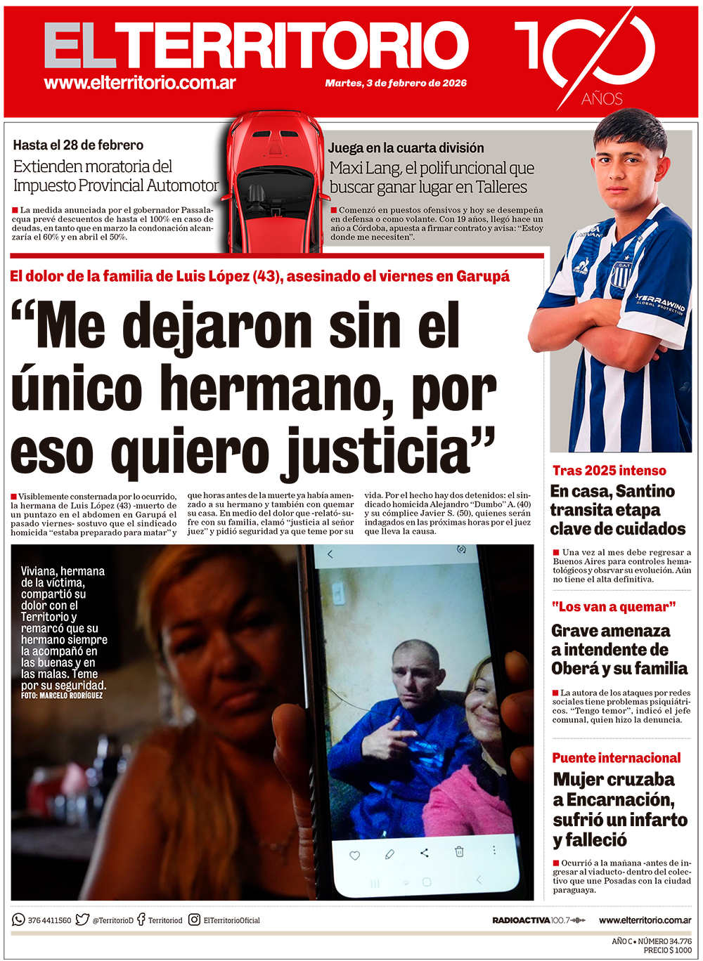 Tapa del diario El Territorio 03/02/2026