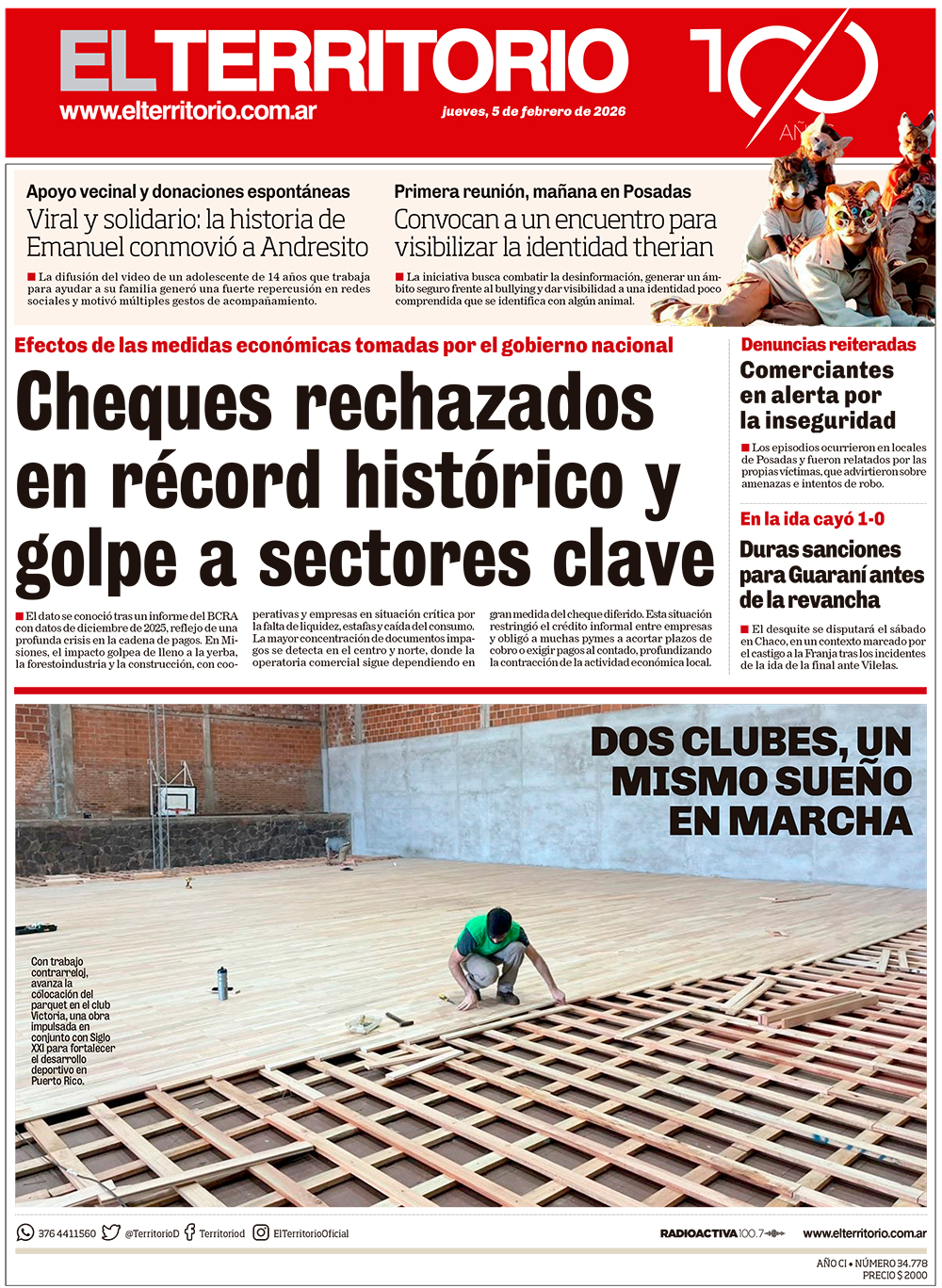 Tapa del diario El Territorio 05/02/2026